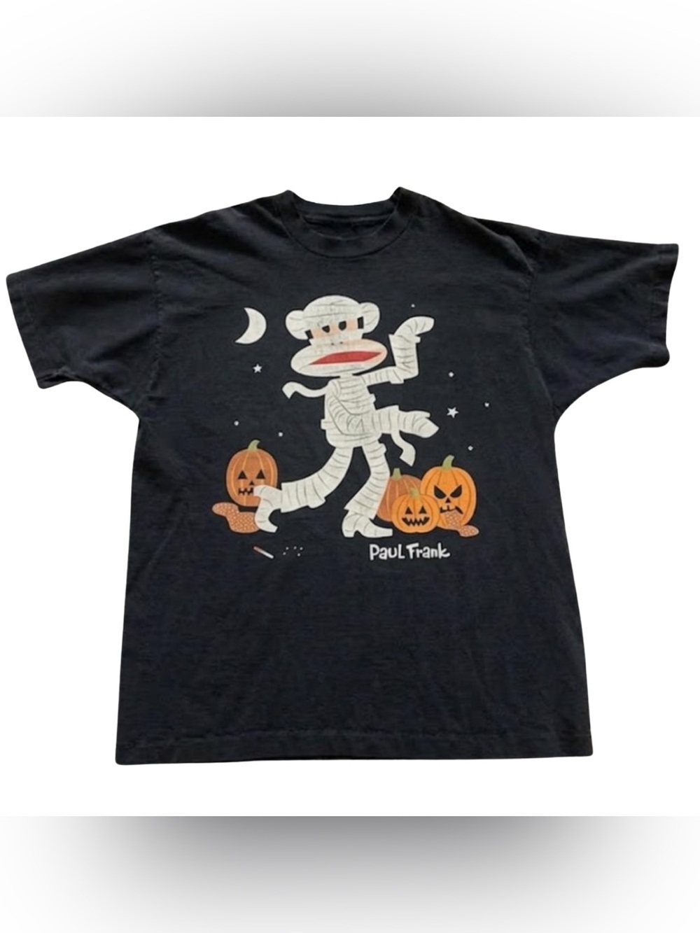 Black Paul Frank Tee with Mummy Sock Monkey and Orange Pumpkins